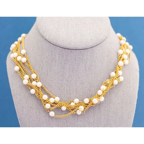 Vintage Golden Multichained Pearlspheres Necklace | Gold Tone Necklace | 21 inch - Picture 2 of 4
